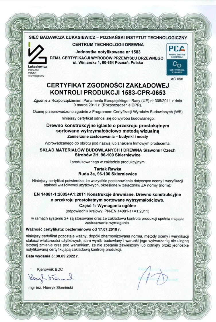 Certyfikat zakładowej kontroli produkcji 2023